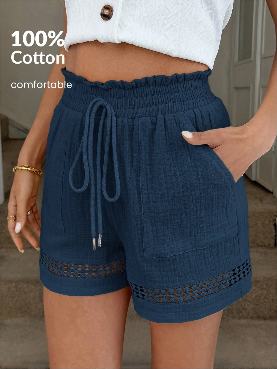Women’s Khaki Cotton Patchwork High Elastic Shorts