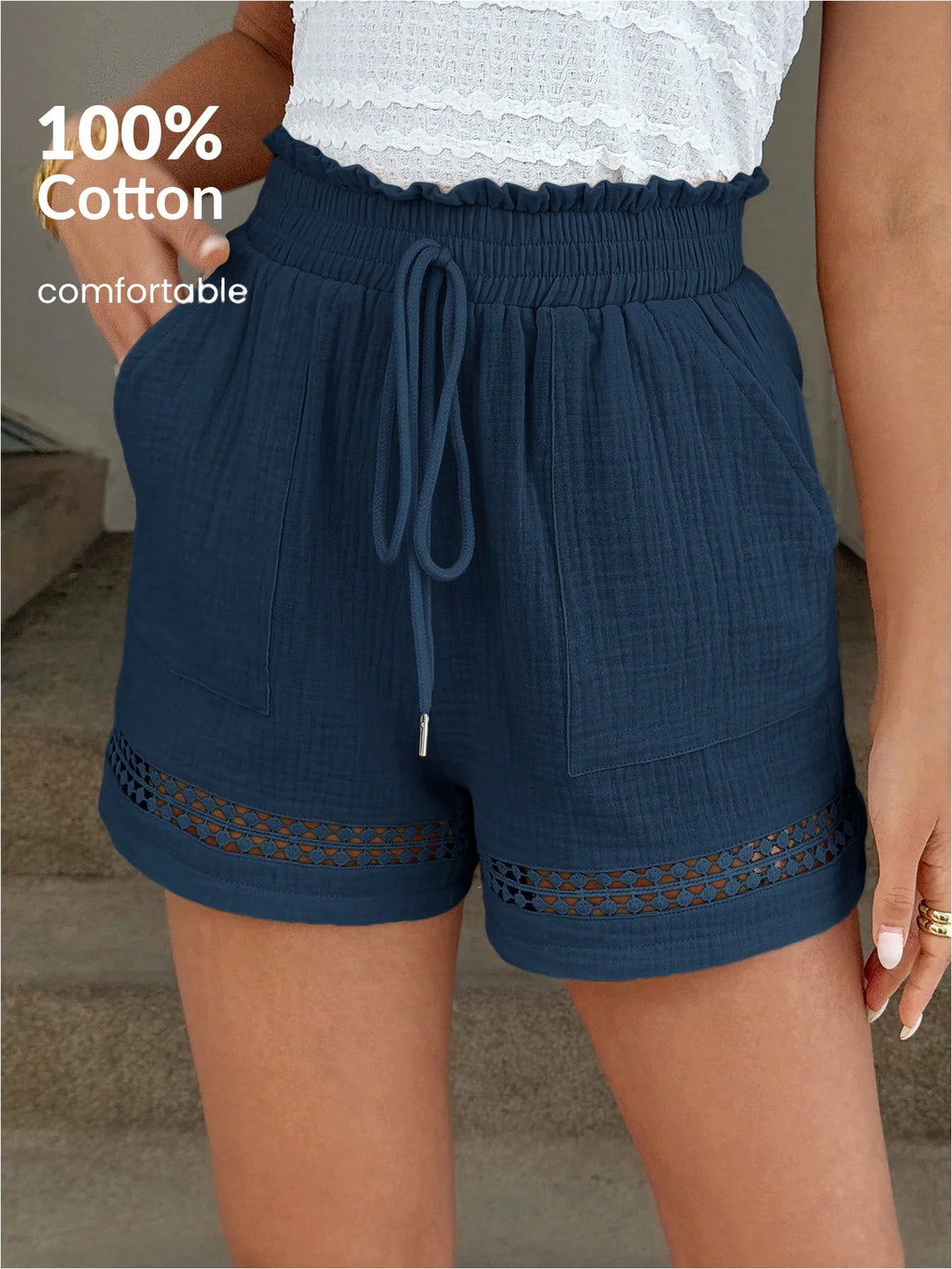 Women’s Khaki Cotton Patchwork High Elastic Shorts