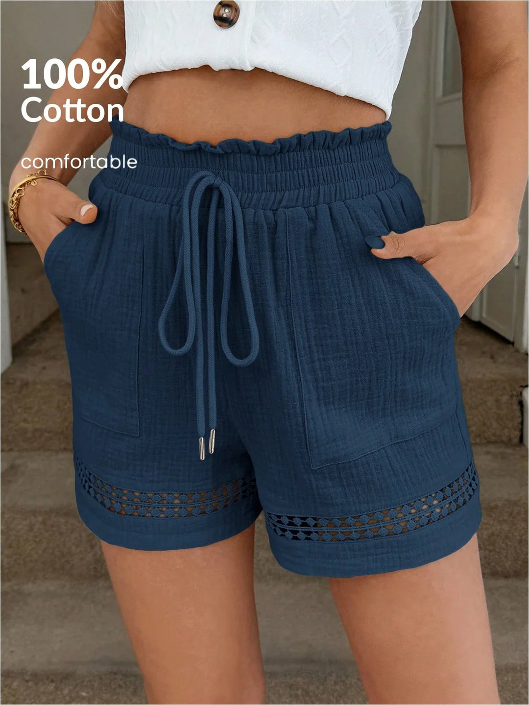Women’s Khaki Cotton Patchwork High Elastic Shorts