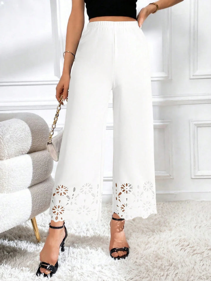 Women's Solid Color Elastic Waist Laser Cut Wide Leg Pants