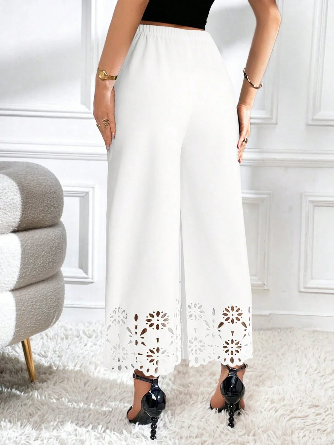 Women's Solid Color Elastic Waist Laser Cut Wide Leg Pants