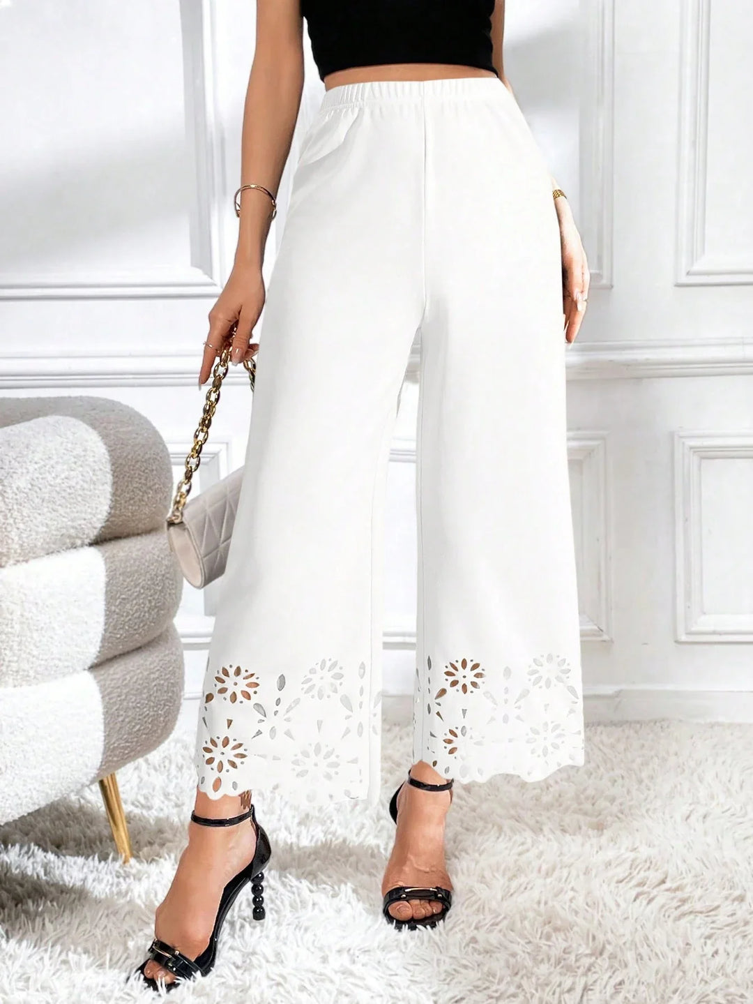 Women's Solid Color Elastic Waist Laser Cut Wide Leg Pants