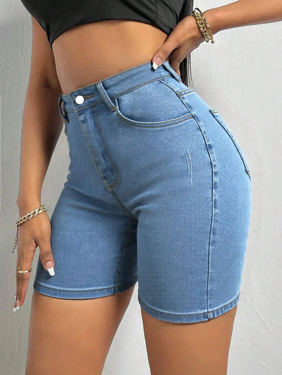 Women's Summer Casual Shorts For Cat Whisker Decor Elastic Skinny Denim