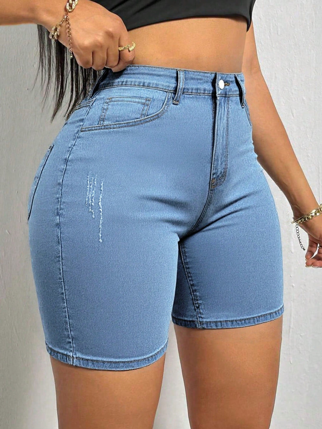 Women's Summer Casual Shorts For Cat Whisker Decor Elastic Skinny Denim