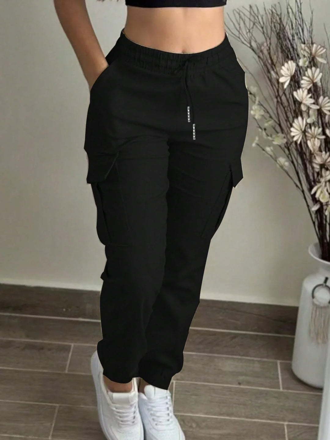 Casual Solid Color Simple Pocket Elastic Waist Drawstring Cargo Pants