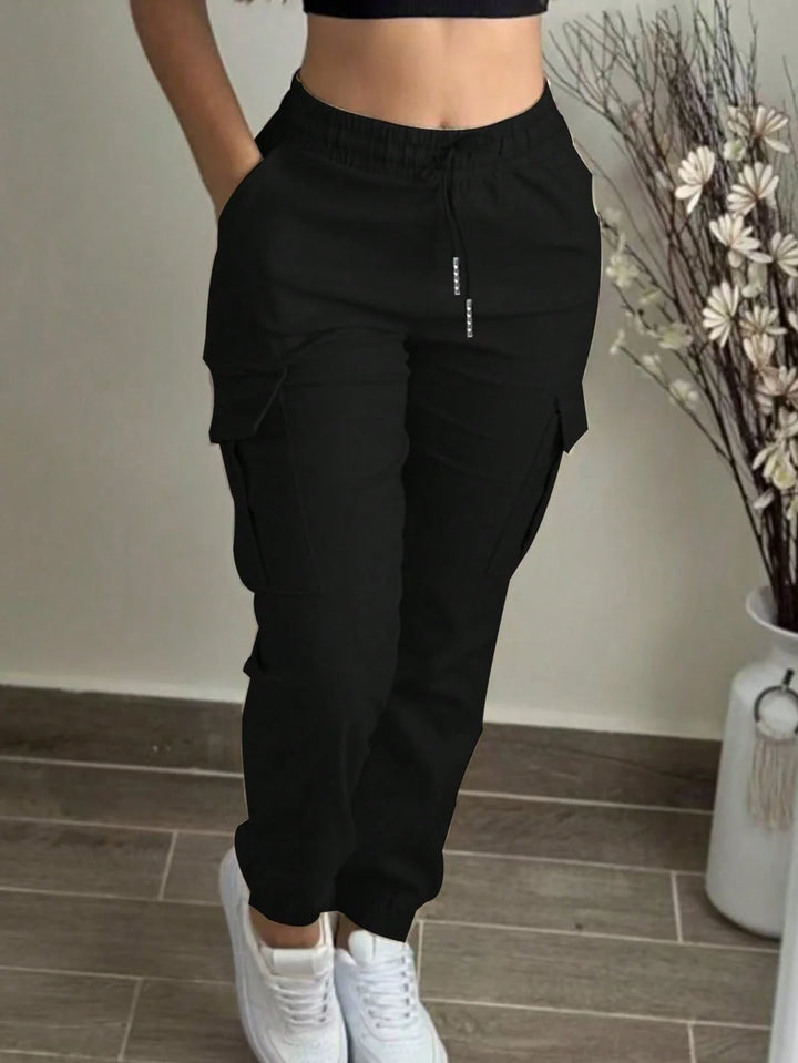 Casual Solid Color Simple Pocket Elastic Waist Drawstring Cargo Pants