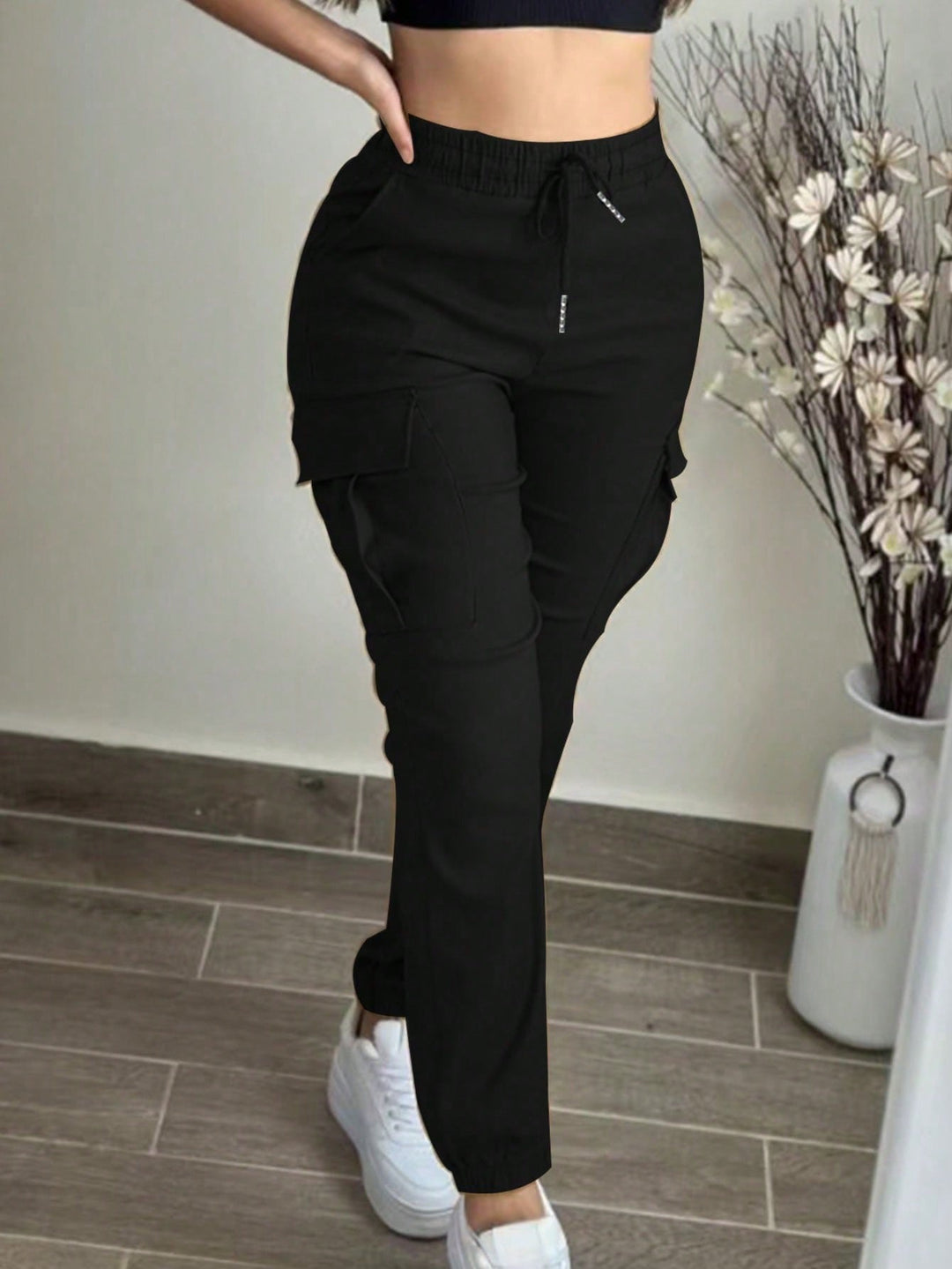 Womens Solid Cargo Pants Elastic Waist Drawstring Pocket Casual Spring