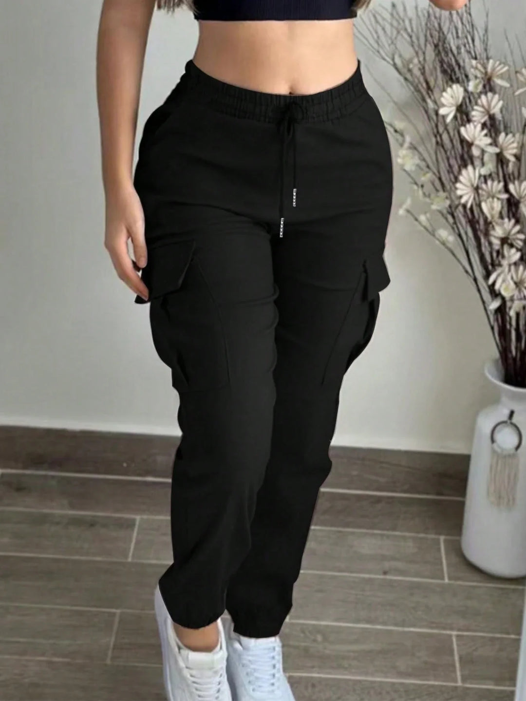 Casual Solid Color Simple Pocket Elastic Waist Drawstring Cargo Pants