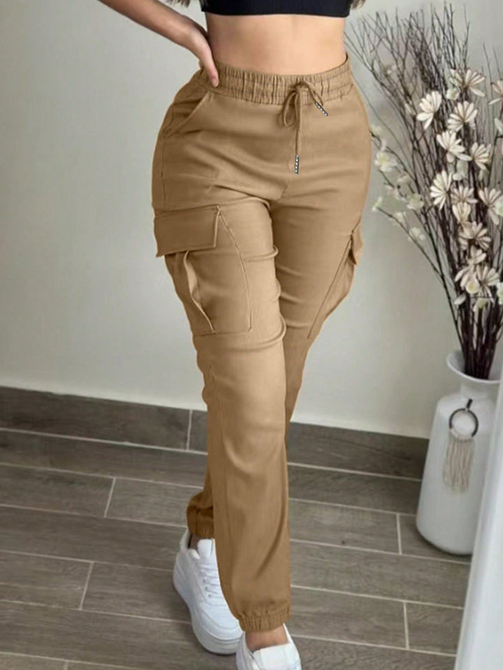 Casual Solid Color Simple Pocket Elastic Waist Drawstring Cargo Pants