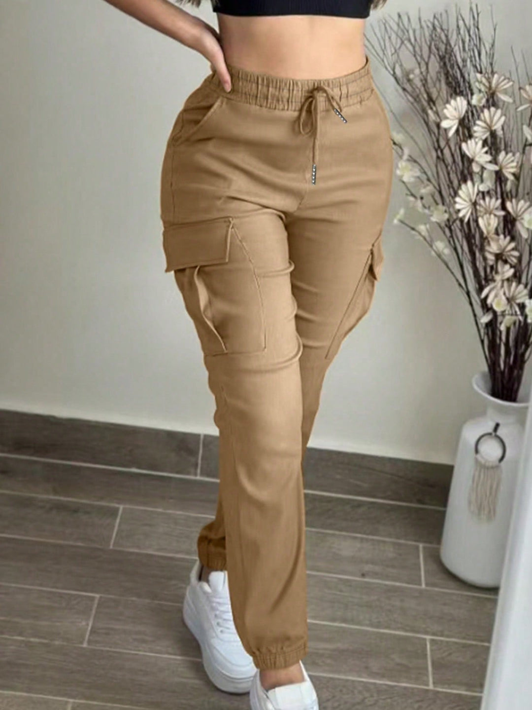 Womens Solid Cargo Pants Elastic Waist Drawstring Pocket Casual Spring