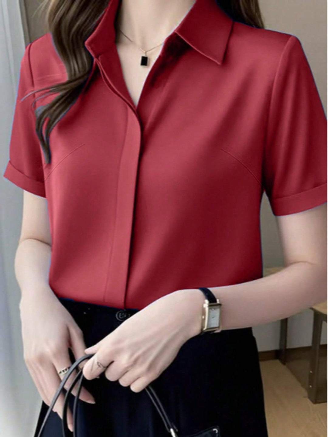Womens Elegant Black Blouse Mature Urban Style Spring Top