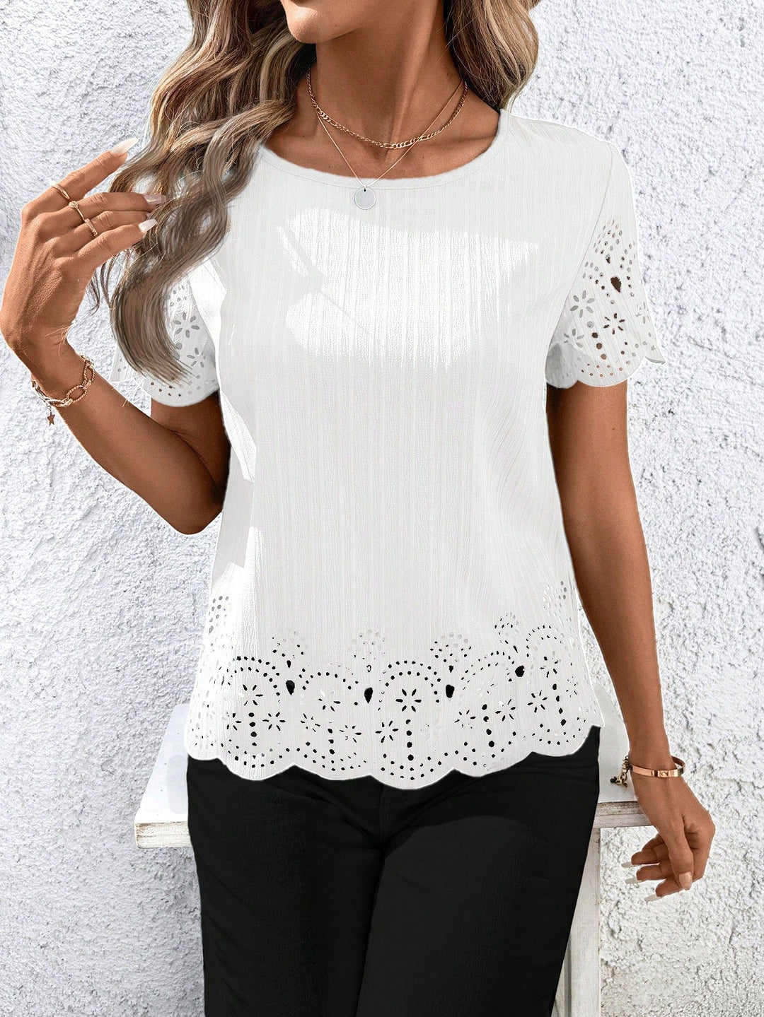 Women Casual Round Neck Short Sleeve Blouse Summer Vacation Top