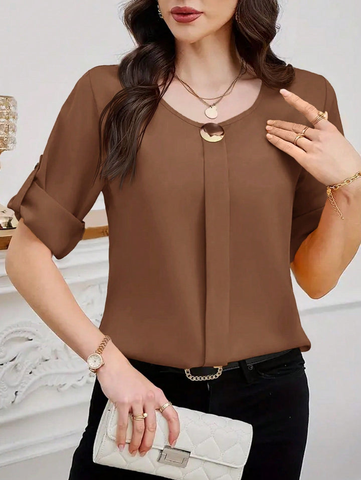 Womens Plain Round Neck Short Sleeve Button Front Casual Blouse