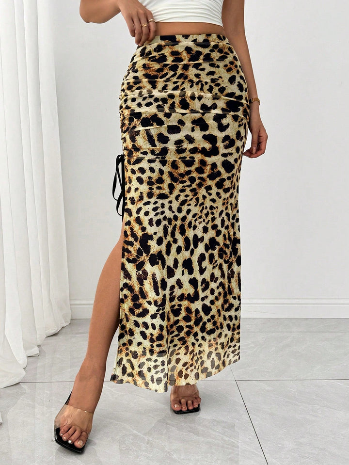 Women Elegant Leopard Print Mesh Elastic Waist High Slit A-Line Skirt