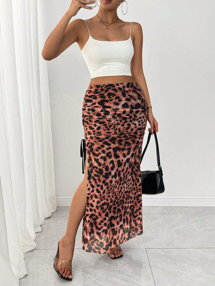 Women Elegant Leopard Print Mesh Elastic Waist High Slit A-Line Skirt