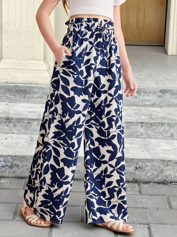 Girls High Waist Leaf Print Wide Leg Casual Resort Pants