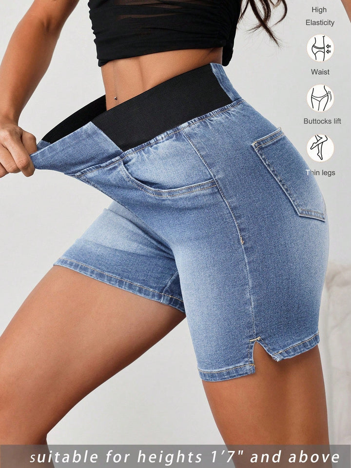 Women’s Elastic Waist Denim Shorts – Casual Tight Fit Tall Blue
