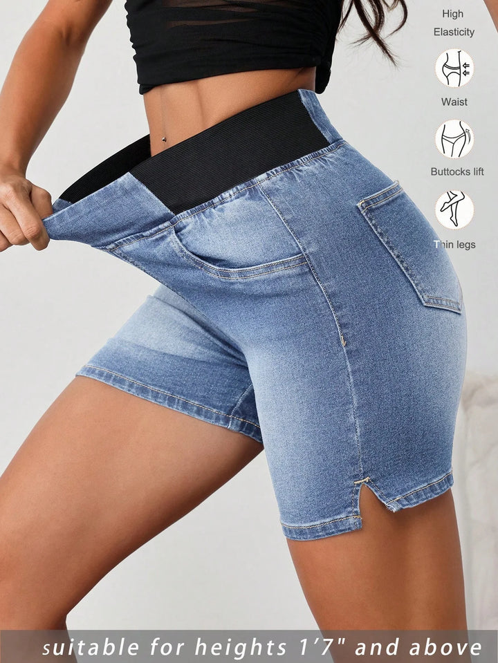 Women’s Elastic Waist Denim Shorts – Casual Tight Fit Tall Blue