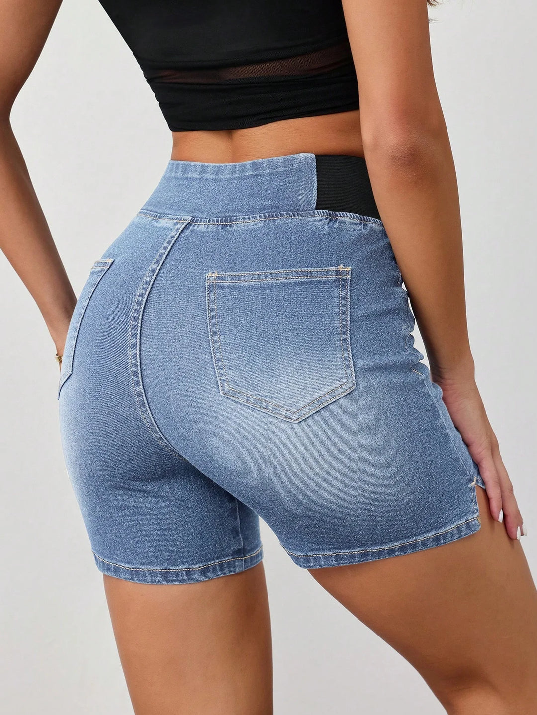 Women’s Elastic Waist Denim Shorts – Casual Tight Fit Tall Blue