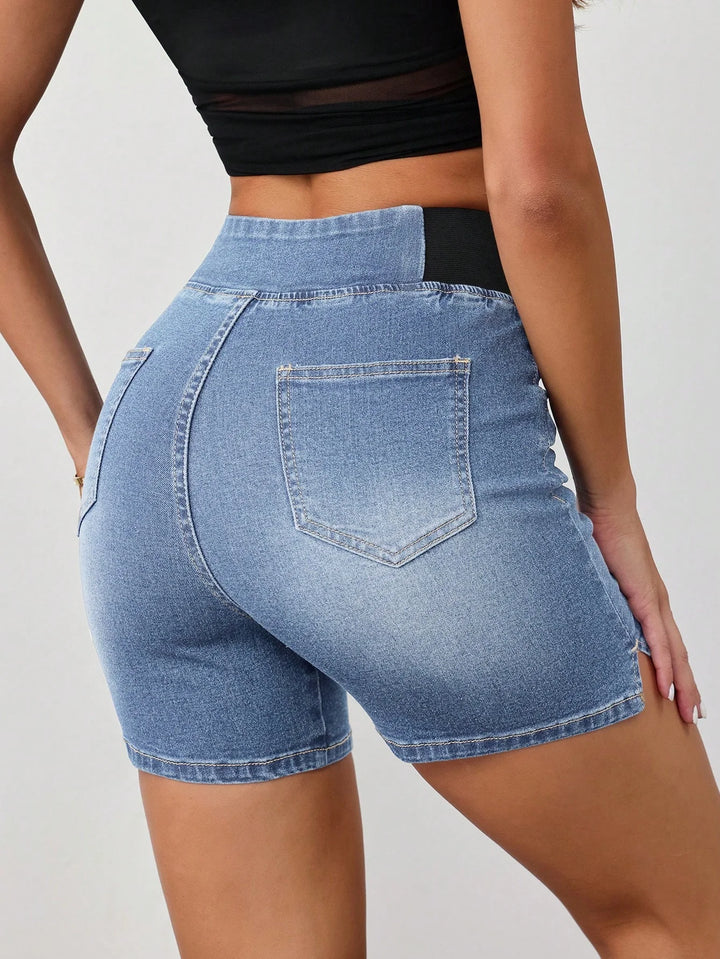 Women’s Elastic Waist Denim Shorts – Casual Tight Fit Tall Blue
