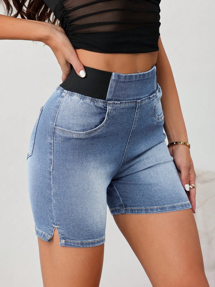 Women’s Elastic Waist Denim Shorts – Casual Tight Fit Tall Blue