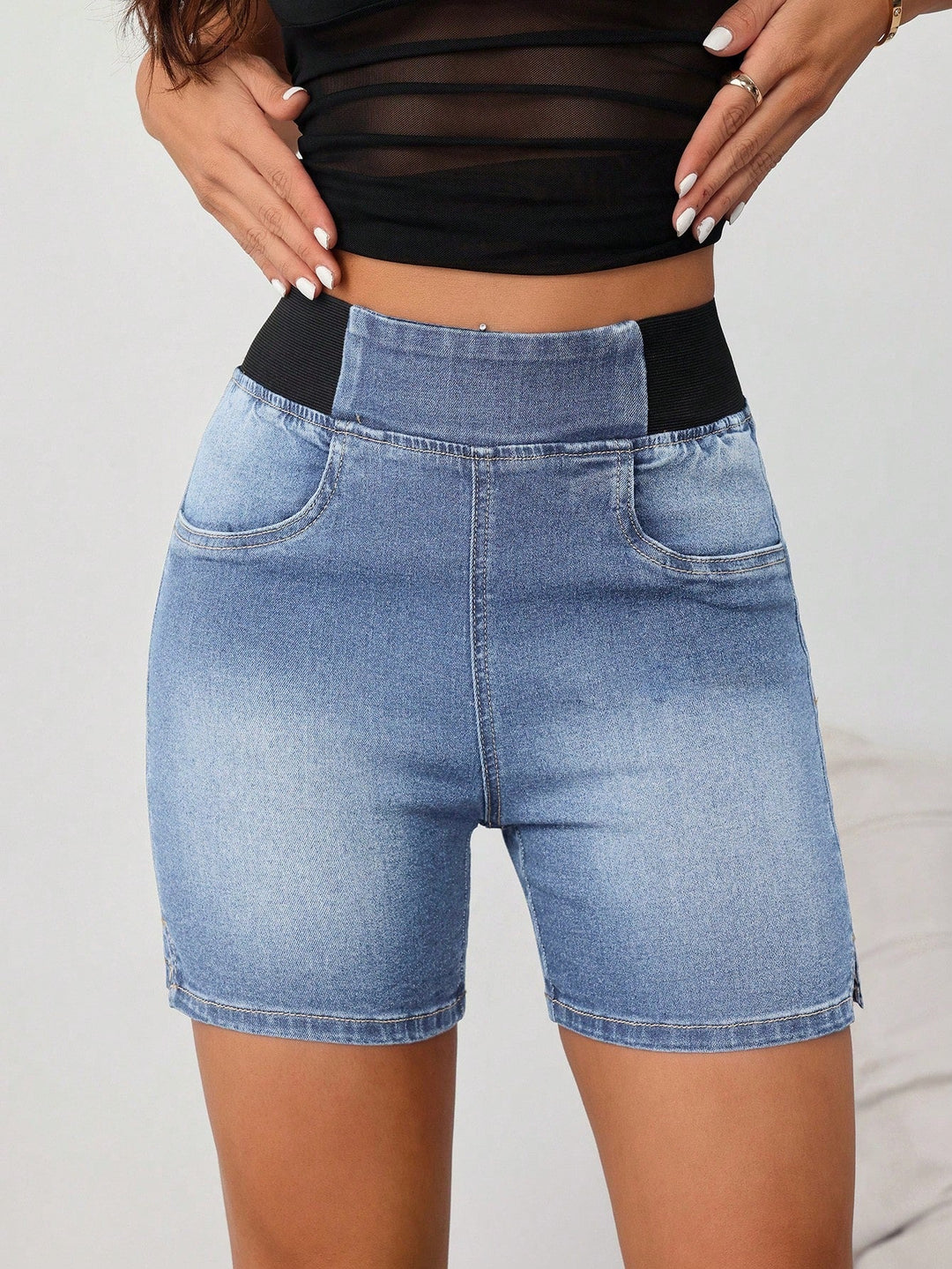 Women’s Elastic Waist Denim Shorts – Casual Tight Fit Tall Blue