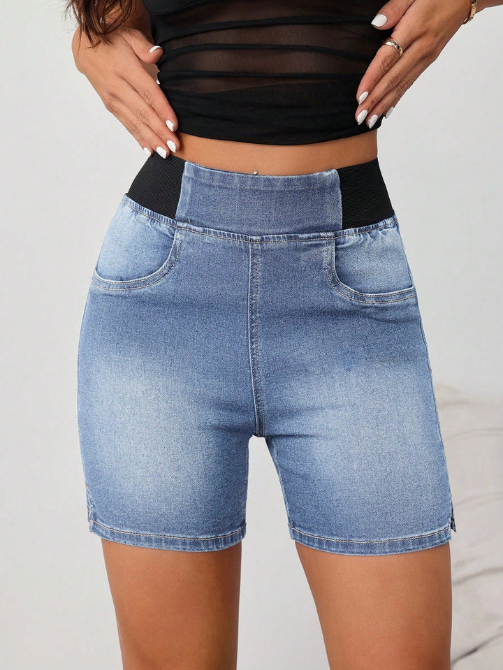 Women’s Elastic Waist Denim Shorts – Casual Tight Fit Tall Blue