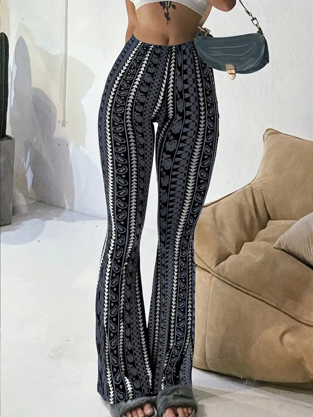 Women’s Casual Geometric Print Leggings Black Spring Bottoms