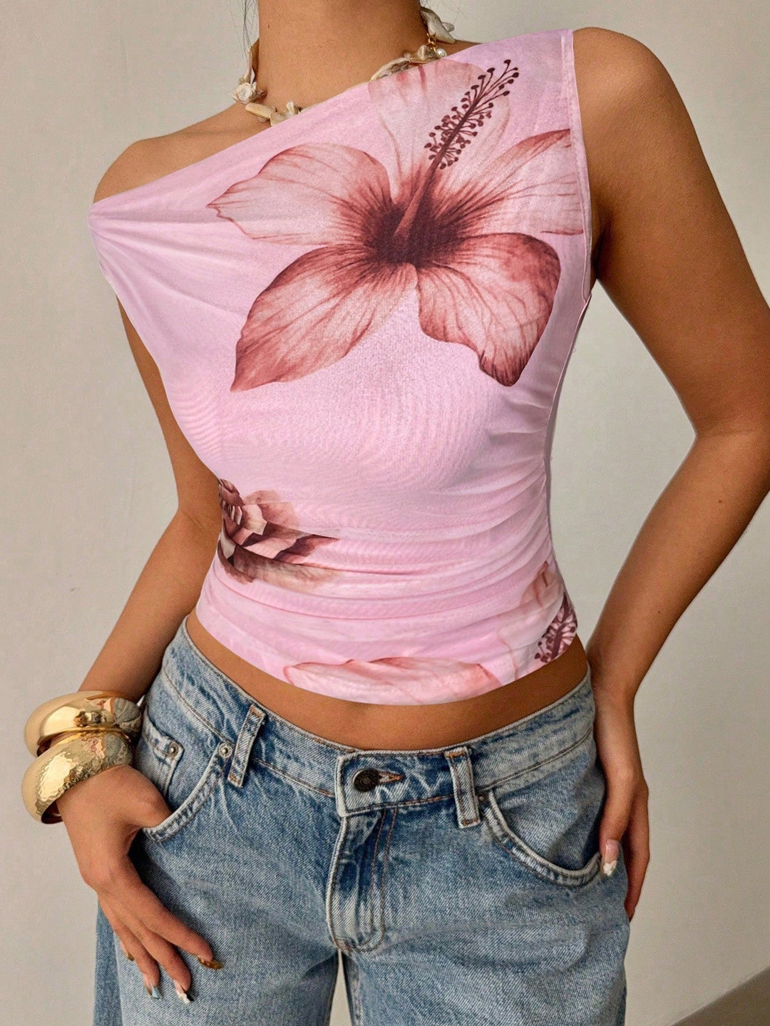 Women’s Summer Casual Asymmetrical Neck Floral Print Pleated Fitted Top