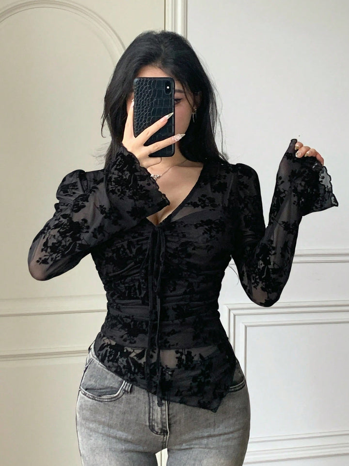 Women's Ditsy Floral Fitted V-Neck Ruched Drawstring Asymmetric Hem Flare Sleeve Blouse