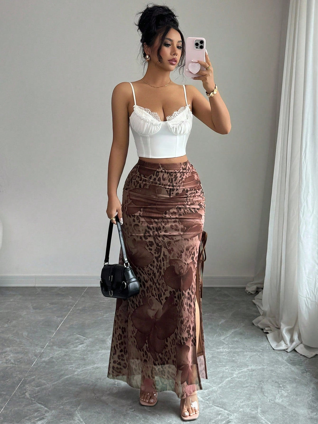 Women Elegant Leopard Print Mesh Elastic Waist High Slit A-Line Skirt