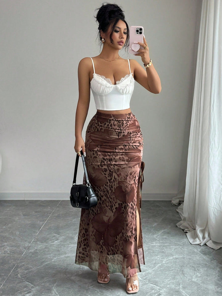 Women Elegant Leopard Print Mesh Elastic Waist High Slit A-Line Skirt