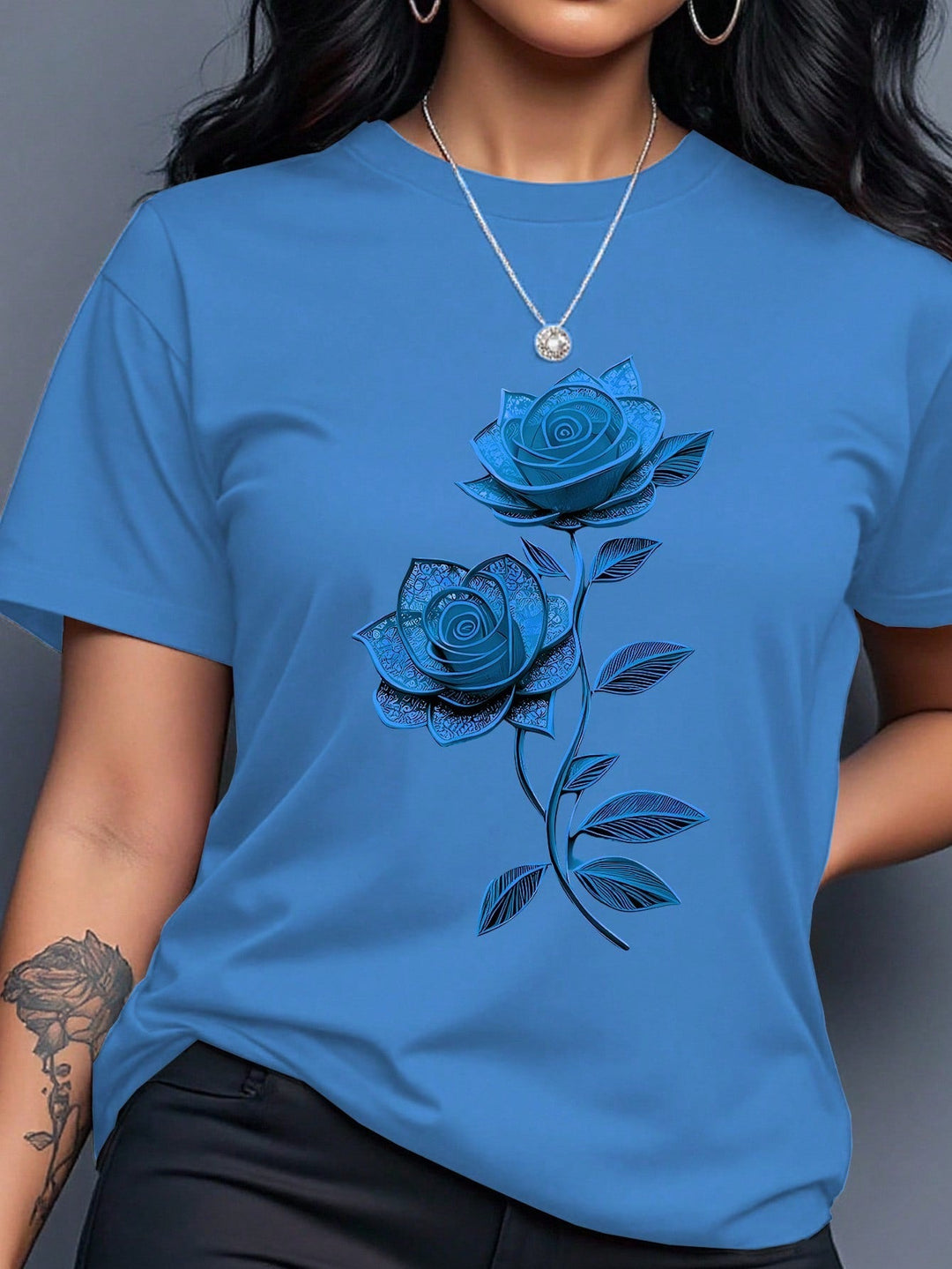 Women Purple Floral Print Round Neck Short Sleeve T-Shirt Summer Top