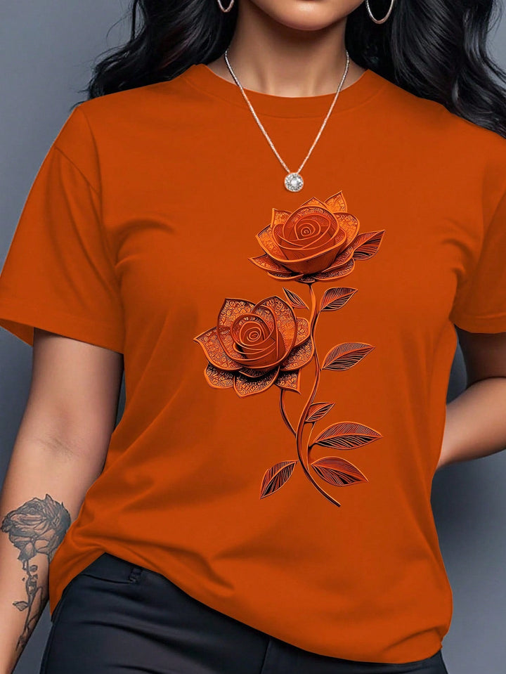Women Purple Floral Print Round Neck Short Sleeve T-Shirt Summer Top