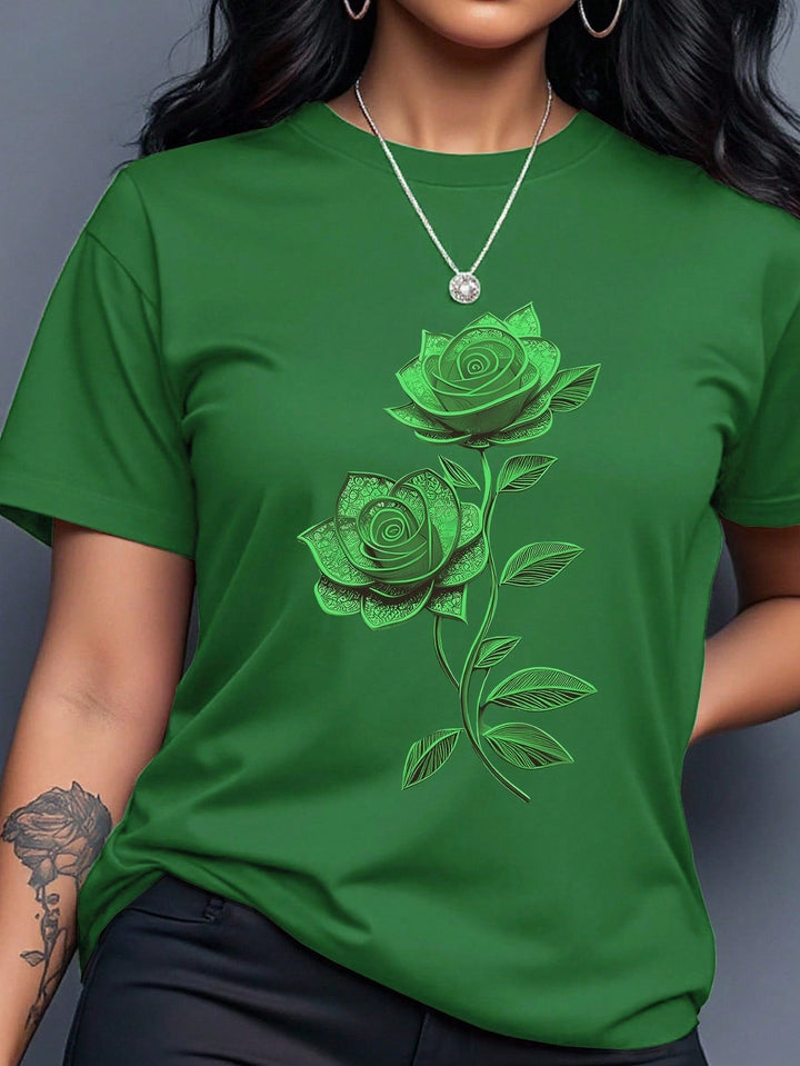 Women Purple Floral Print Round Neck Short Sleeve T-Shirt Summer Top