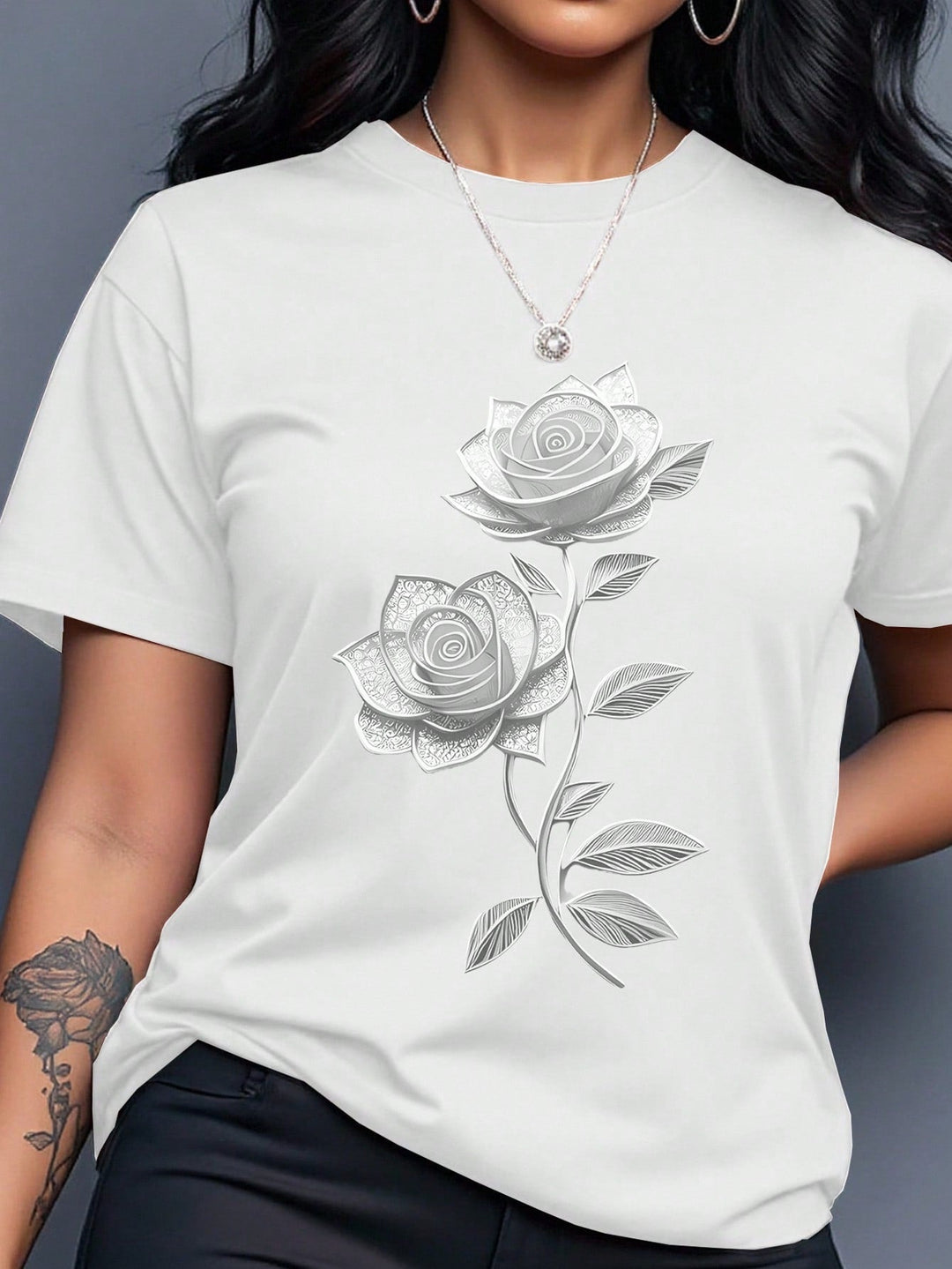 Women Purple Floral Print Round Neck Short Sleeve T-Shirt Summer Top