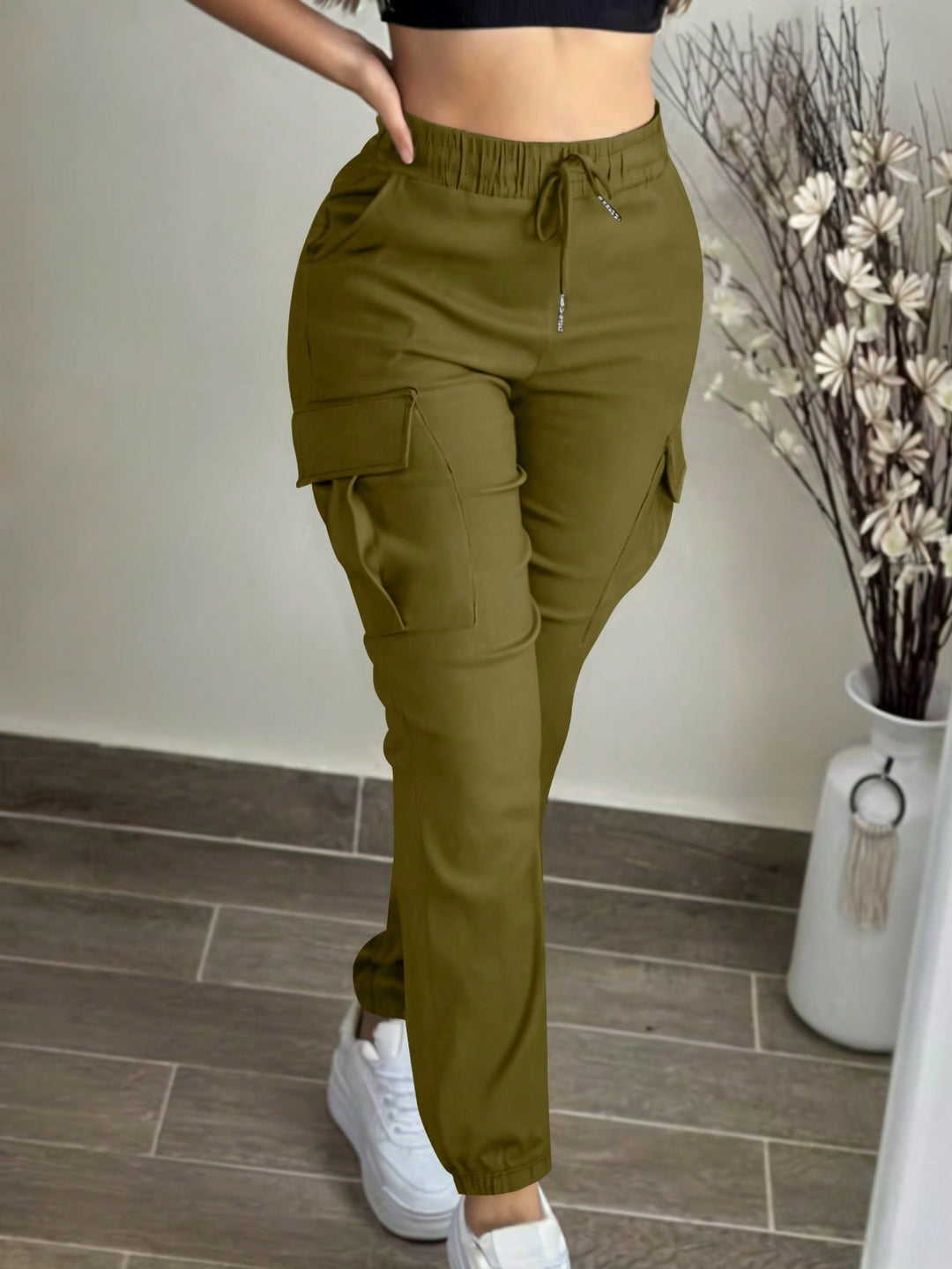 Casual Solid Color Simple Pocket Elastic Waist Drawstring Cargo Pants