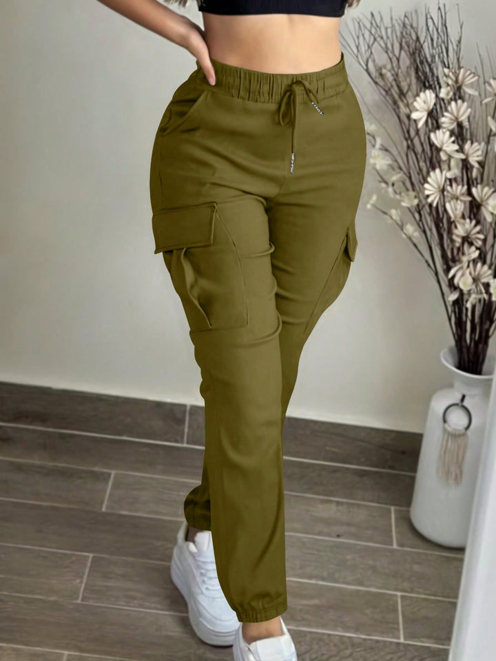 Casual Solid Color Simple Pocket Elastic Waist Drawstring Cargo Pants