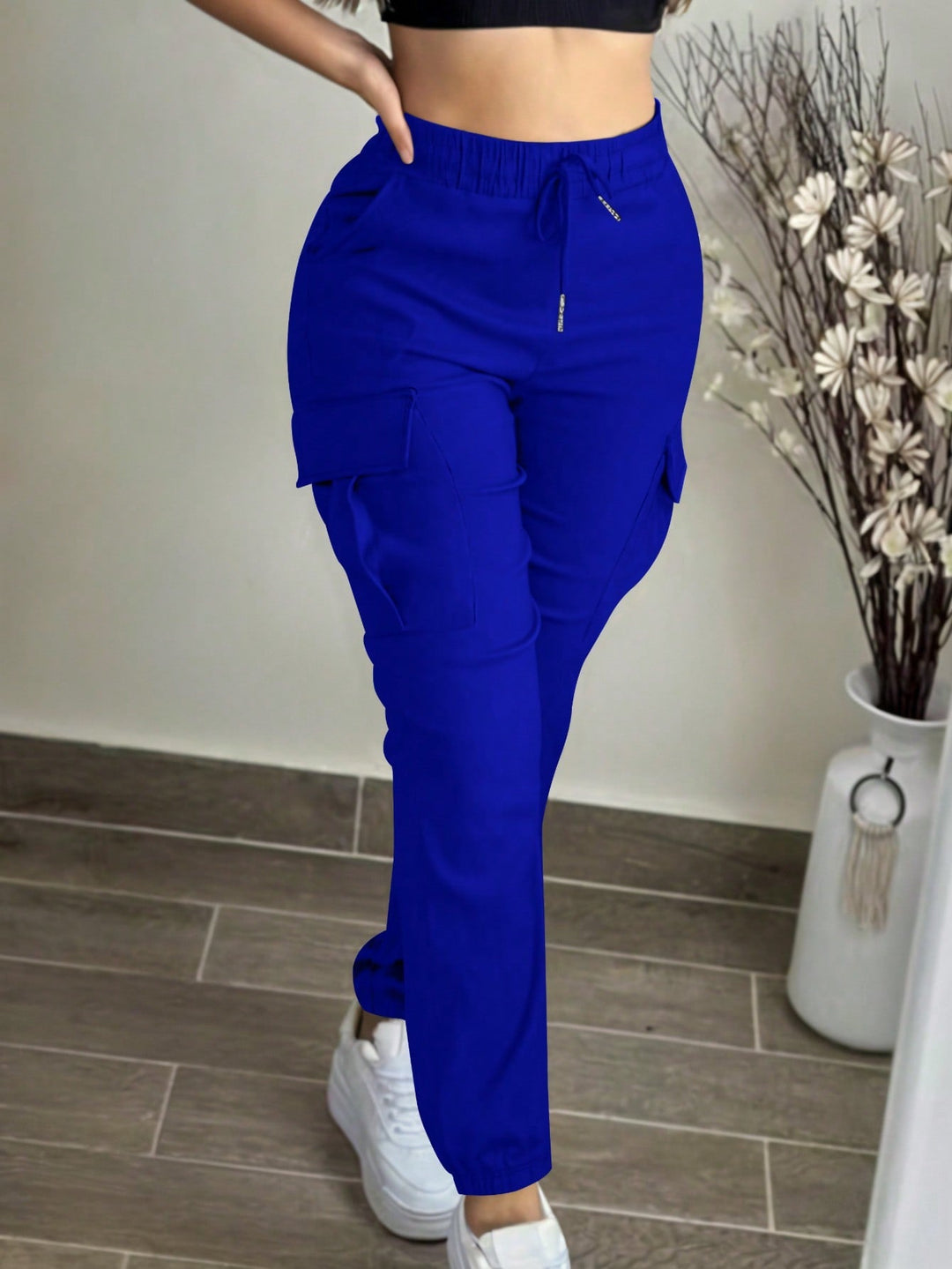Casual Solid Color Simple Pocket Elastic Waist Drawstring Cargo Pants