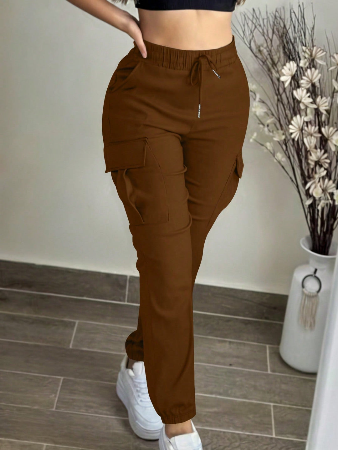 Womens Solid Cargo Pants Elastic Waist Drawstring Pocket Casual Spring