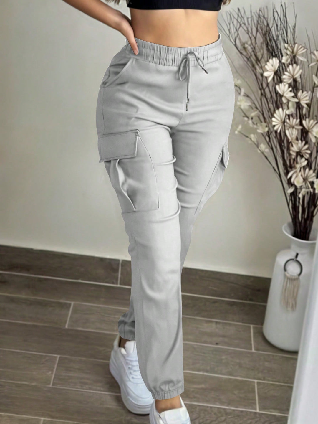 Womens Solid Cargo Pants Elastic Waist Drawstring Pocket Casual Spring