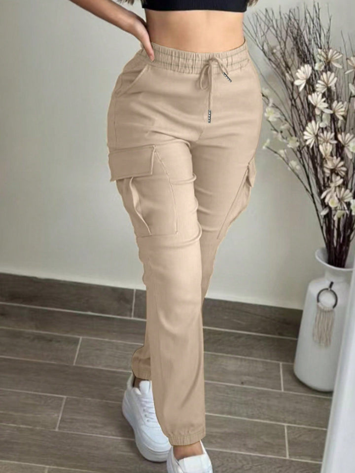 Womens Solid Cargo Pants Elastic Waist Drawstring Pocket Casual Spring