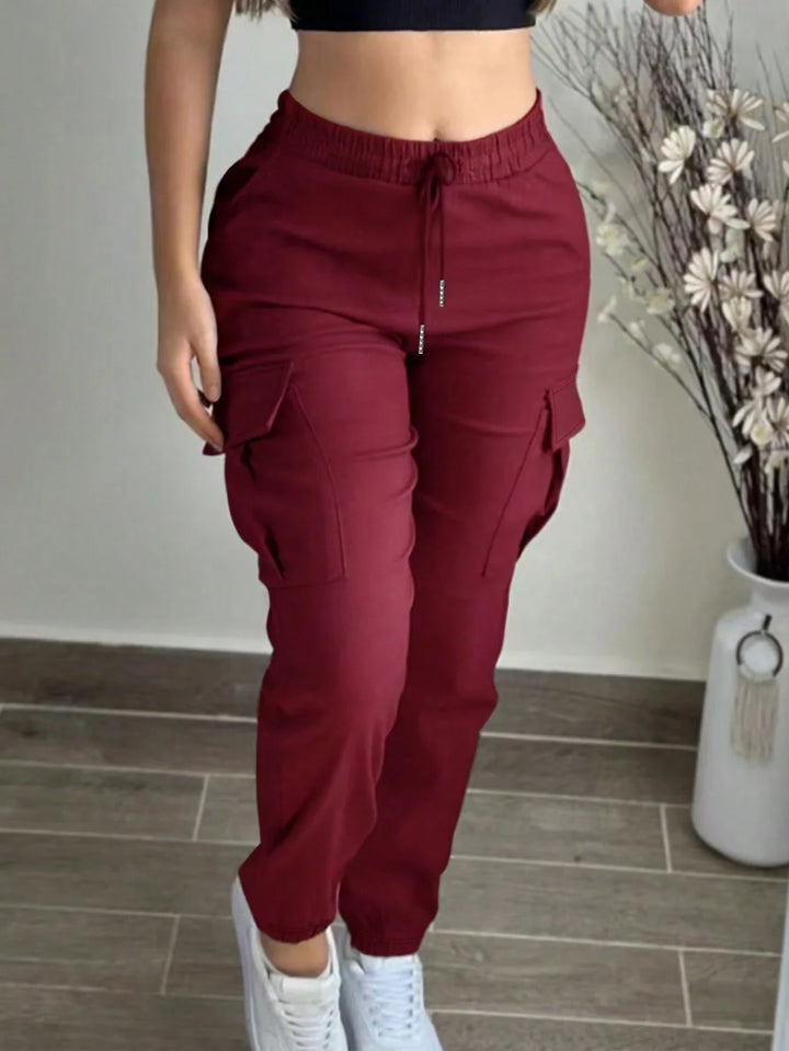 Womens Solid Cargo Pants Elastic Waist Drawstring Pocket Casual Spring