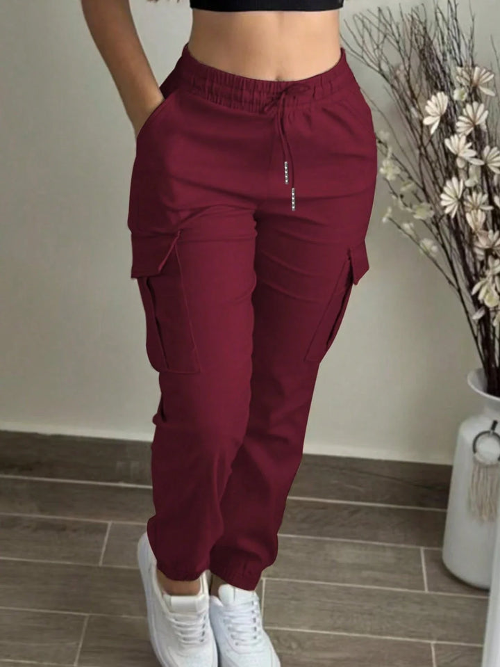 Womens Solid Cargo Pants Elastic Waist Drawstring Pocket Casual Spring