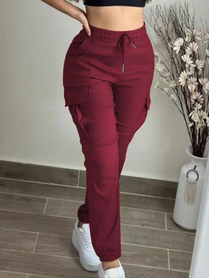 Womens Solid Cargo Pants Elastic Waist Drawstring Pocket Casual Spring