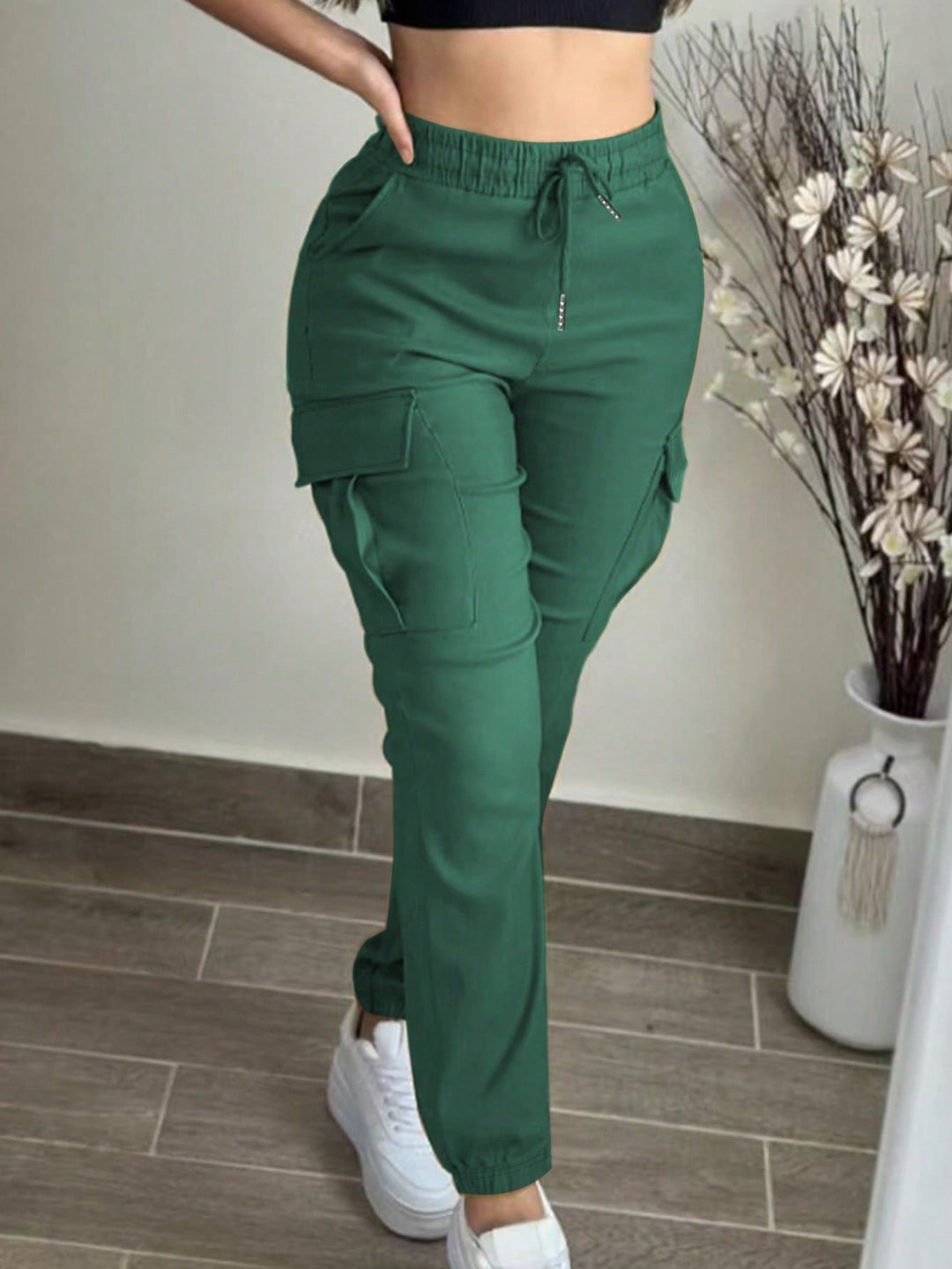 Casual Solid Color Simple Pocket Elastic Waist Drawstring Cargo Pants
