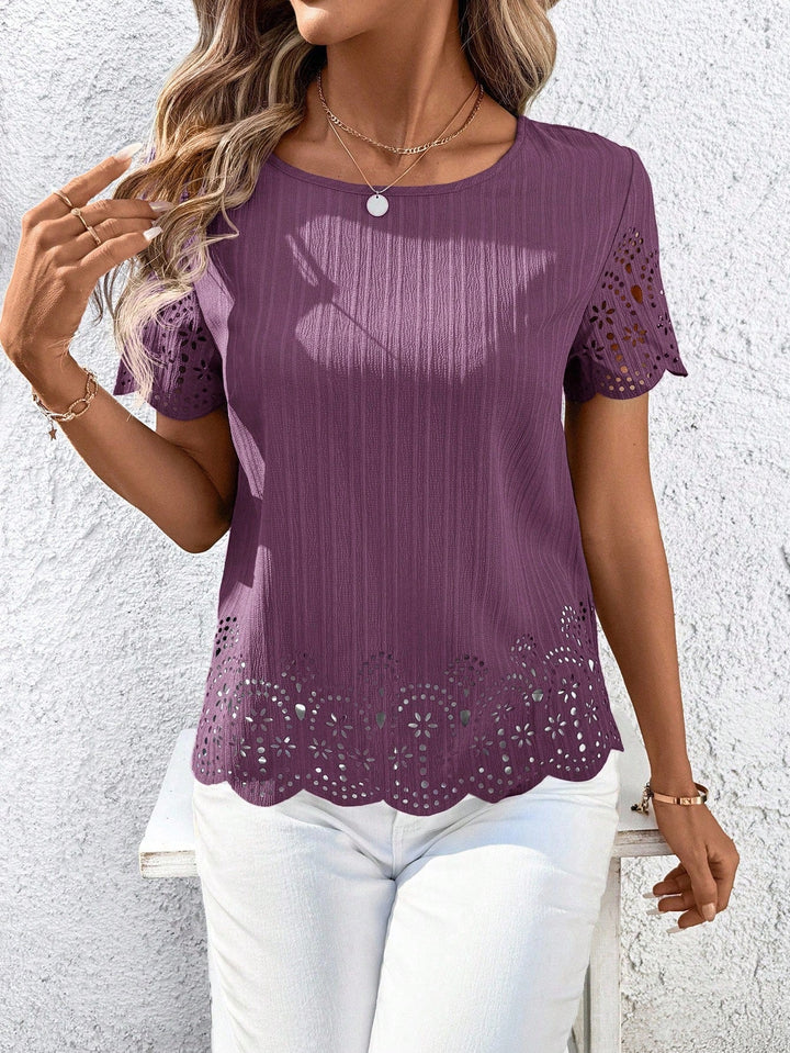 Women Casual Round Neck Short Sleeve Blouse Summer Vacation Top