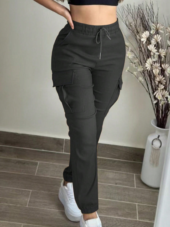 Casual Solid Color Simple Pocket Elastic Waist Drawstring Cargo Pants
