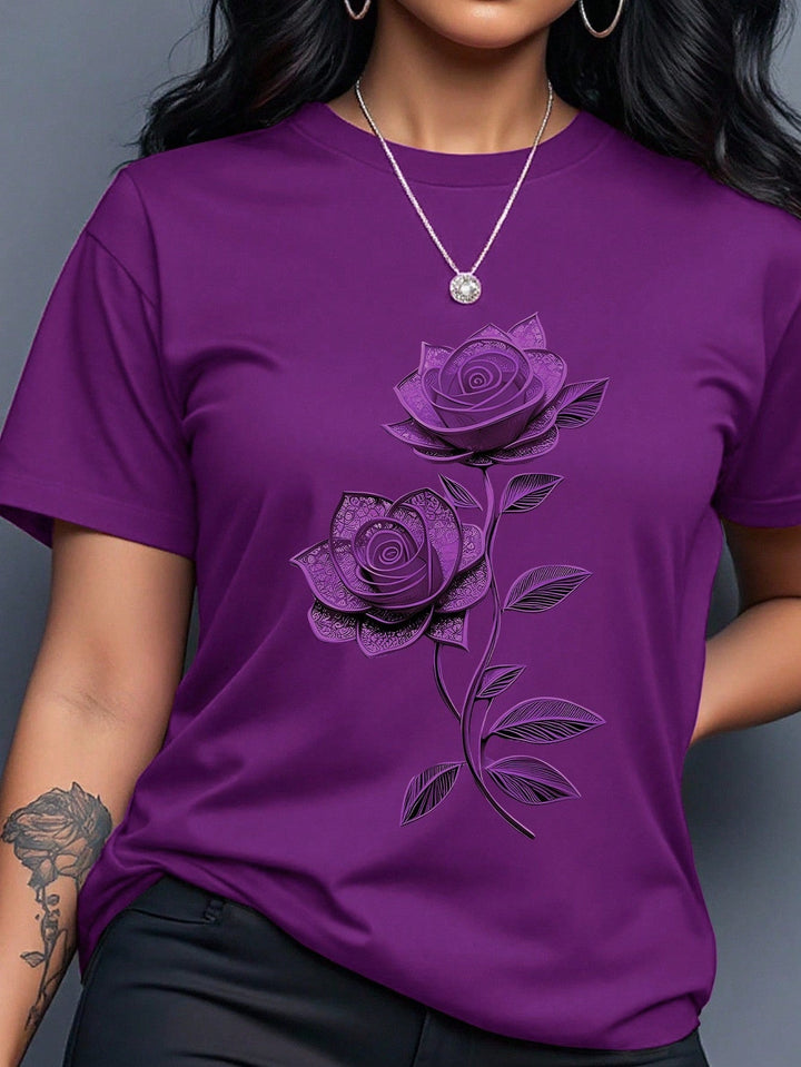 Women Purple Floral Print Round Neck Short Sleeve T-Shirt Summer Top