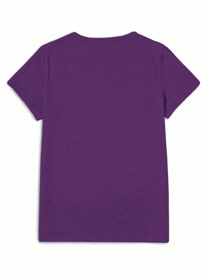 Women Purple Floral Print Round Neck Short Sleeve T-Shirt Summer Top